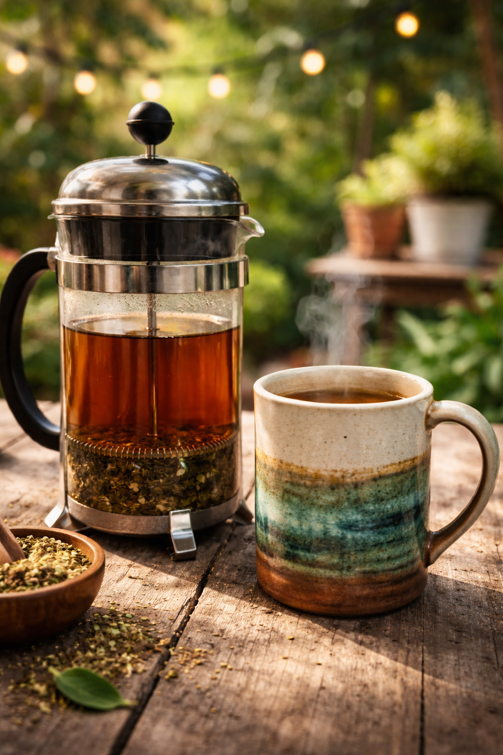 Yerba mate brewed in a French Press outdoors, AiNA CULTURE performance/gaucho blend