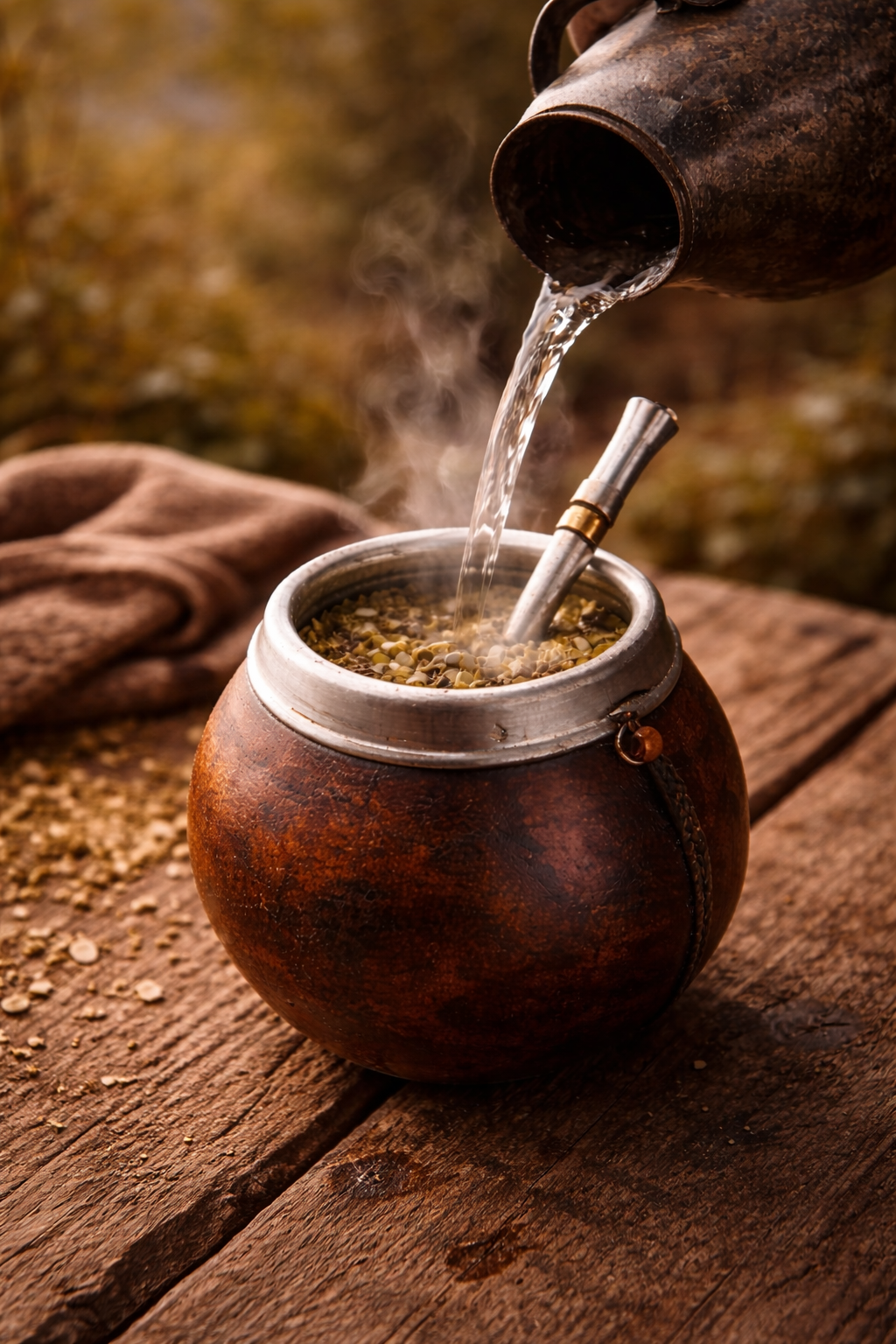 Traditional yerba mate brewed in a gourd with bombilla and hot water, AiNA CULTURE gaucho/performance blend
